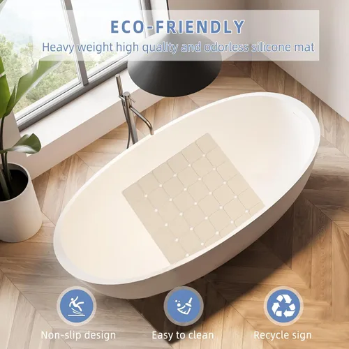 Miniatura 2 de Tapete de ducha antideslizante de 21 x 21 pulgadas, de silicona, plegable, con ventosas y agujeros de drenaje, inodoro, ecológico y duradero, Beige