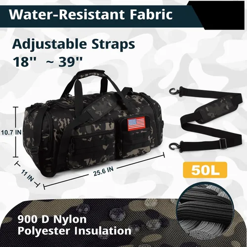 Miniatura 4 de Bolsa táctica de gimnasio para hombres, 50L grande 3 en 1 bolsa deportiva con compartimento para zapatos para viajes, mochila de viaje resistente al