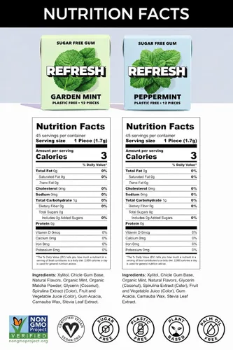 Miniatura 2 de Refresh Gum, Sin azúcar, natural, xilitol, goma de mascar de larga duración, sabores naturales, ingredientes orgánicos, sin plástico, sin OMG, sin