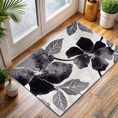 CAMILSON Solana - Alfombra moderna con diseño floral de 2 x 3 pies, antideslizante y parte trasera de goma, negro - flores grises, alfombra para