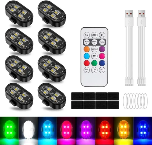 Miniatura 10 de 4 piezas de luces LED estroboscópicas inalámbricas con mando a distancia, 8 colores, 10 modos de iluminación, luz trasera para bicicleta recargable