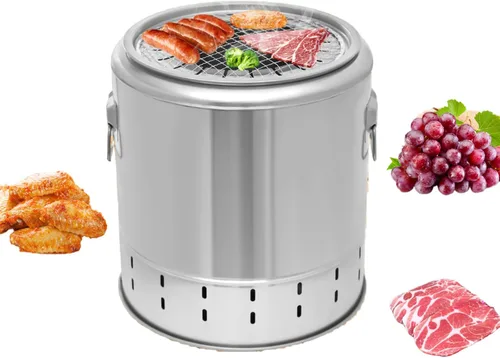 Miniatura 10 de Parrillas de carbón portátiles grandes, parrilla vertical para ahumar, barril de malla con brochetas de Kabob, asador de barbacoa de acero 50 Pinchos