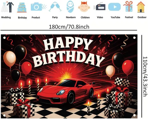 Miniatura 6 de Telón de fondo de auto de carreras con texto en inglés «Happy Birthday» de 71 x 43 pulgadas, para niños, decoración de fiesta de cumpleaños