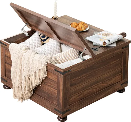 Miniatura 11 de Joaxswe Mesa de café estilo granja con gran compartimento de almacenamiento oculto, mesa central cuadrada retro marrón, mesa baja rústica de madera