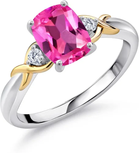 Miniatura 80 de Gem Stone King Anillo de compromiso de 3 piedras preciosas de plata 925 y oro amarillo de 10 quilates de 0.315 x 0.236 in de talla cojín y diamante