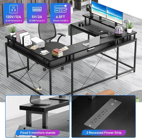 Miniatura 6 de GAOMON Escritorio en forma de U, escritorio para juegos en forma de U de 79 pulgadas con soporte para monitor y luces LED, escritorio grande