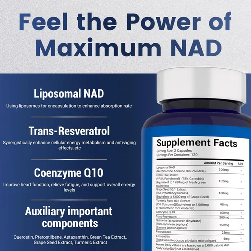 Miniatura 3 de Suplemento NAD+ 120 cápsulas – NAD+ liposomal con resveratrol para energía celular y vitalidad diaria – Fórmula de alta absorción para hombres
