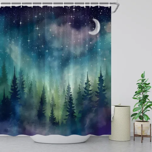 Miniatura 3 de Cortina de ducha con diseño de luna de bosque, acuarela, bosque brumoso, fantasía, cielo estrellado, galaxia, naturaleza, paisaje gótico, abstracto