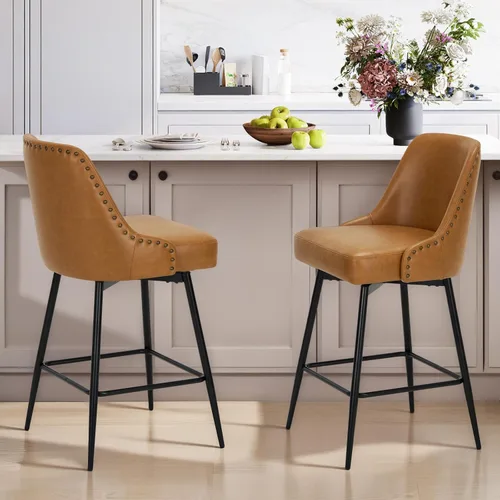 COLAMY Juego de 2 taburetes de bar, sillas giratorias de altura de mostrador de 26 pulgadas con respaldo, asiento acolchado grueso y reposapiés,