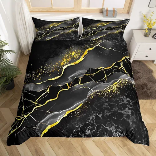 Miniatura 14 de Funda de edredón de mármol negro tamaño individual, juego de ropa de cama dorada para adultos, hombres y mujeres, funda de edredón de textura