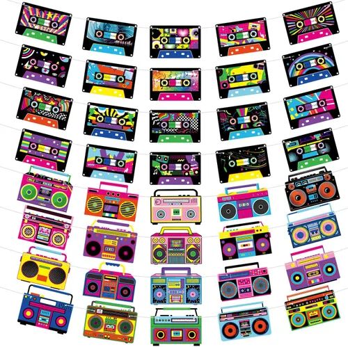 Cinta de cassette para decoración de fiestas, 4 pancartas de cinta de casete, 4 pancartas recortadas de caja de boom, decoración de fiesta de cinta