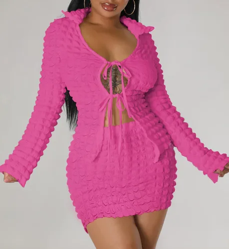 Miniatura 2 de GAMISOTE Conjunto de 2 piezas para mujer, de manga larga, con lazo frontal, blusa elástica de cintura alta