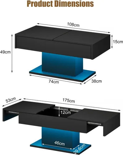 Miniatura 2 de HedoAjim - Mesa de café LED negra con almacenamiento para sala de estar, mesa de centro rectangular para sala de estar, mesas de café modernas