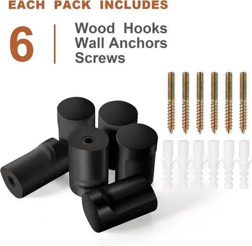 Miniatura 7 de BSDONTE Ganchos de pared de madera (paquete de 6), ganchos decorativos negros – resistentes, colgadores de pared para abrigos, mochilas, toallas
