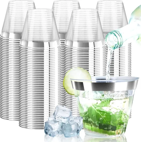 Miniatura 10 de Byvivace Vasos de plástico transparente de 12 onzas con borde dorado, resistentes y aptos para alimentos, desechables, copas de vino, copas de boda