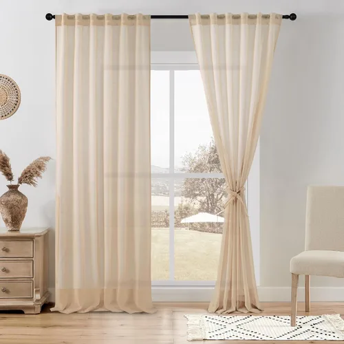 Miniatura 34 de DWCN Cortinas traslúcidas de lino floral, bolsillo para barra y pestaña trasera, cortina de mezcla de lino para dormitorio, sala de estar, cortinas
