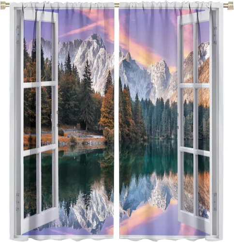 Miniatura 61 de Cortinas de paisaje, ventana tropical con vista al mar, océano, playa, barco, cortinas con estampado de palmeras para dormitorio, sala de estar, Mar