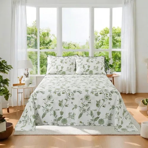 Miniatura 99 de FADFAY Juego de sábanas tamaño King, 100% algodón, elegante ropa de cama de granja con hojas verdes menta y flores blancas, sábana suave