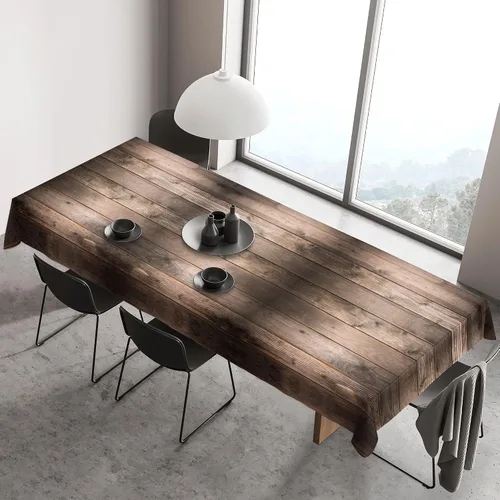 Miniatura 2 de Mantel rectangular de tela de poliéster de 60 x 120 pulgadas, de grano de madera marrón, lavable, resistente a las arrugas, para comedor al aire