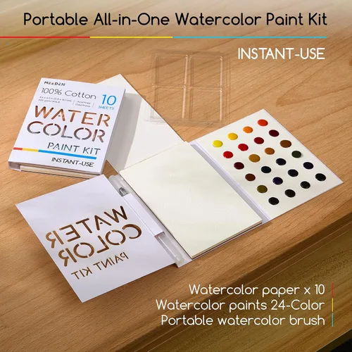 Miniatura 2 de MEEDEN Juego de pintura de acuarela, suministros de pintura de 24 colores con 10 papeles de acuarela y pincel, kit de pintura artística portátil