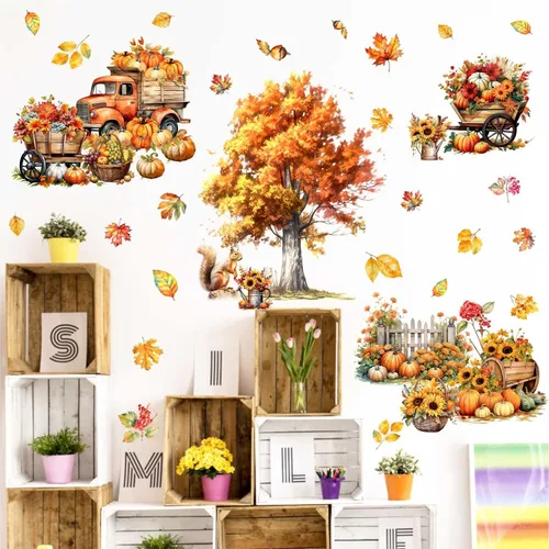 Miniatura 6 de Calcomanías de pared de árbol de arce, calcomanías de pared de otoño con hojas de otoño, calcomanías de pared de hojas de árbol amarillo