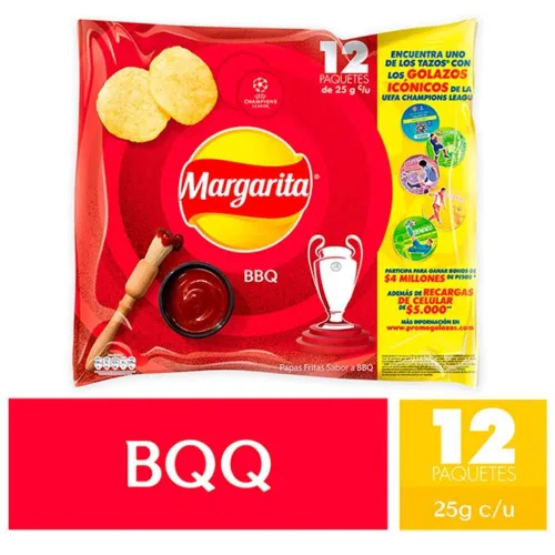 Miniatura 2 de Papas Margarita (paquete de 24) Papas fritas crujientes sabor pollo y barbacoa Papitas Margarita de Pollo y BBQ mecato Colombiano Bocadillos