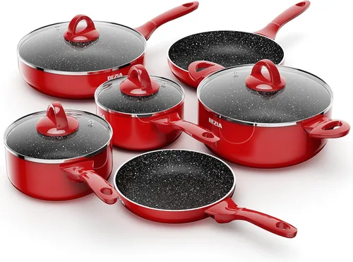 Juego de ollas y sartenes de cocina de inducción de 10 piezas, sartenes de cocina antiadherentes BEZIA aptas para lavavajillas, mango de baquelita