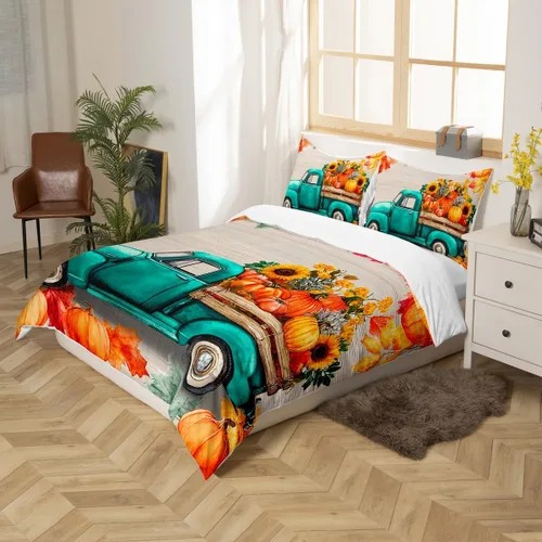 Miniatura 5 de Fall Harvest Kids Duvet Cover Set Twin Size,Cartoon Truck Pumpkin Sunflower Bedding Set,Boys Girls Bedroom Decor,Wooden Plank Maple Comforter