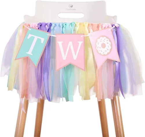 Miniatura 8 de Cartel de cumpleaños de 1 a 2 años de edad – Cartel para silla alta de cumpleaños con tema de dona, un grupo de tutú de cinta de arco iris suave