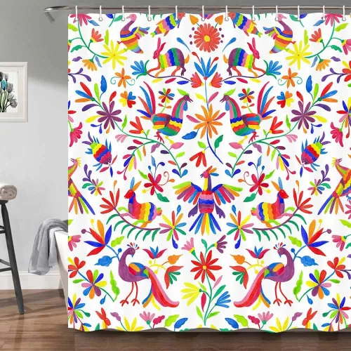Miniatura 2 de Cortina de ducha con diseño floral de México, para baño, estilo tradicional mexicano Bluebird Otomi, diseño brillante, tela de cachemira, tela