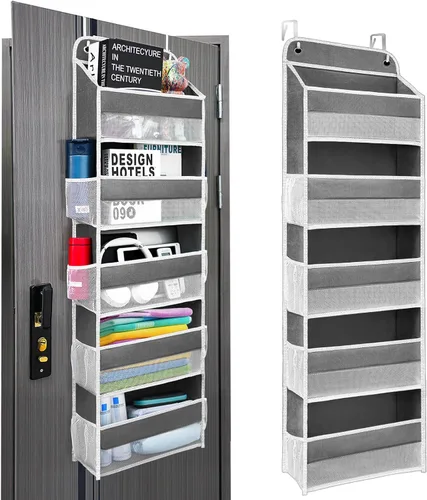 Miniatura 7 de Organizador sobre la puerta con 4 bolsillos laterales de malla, capacidad de peso de 44 libras para colgar detrás de la puerta, almacenamiento Gris