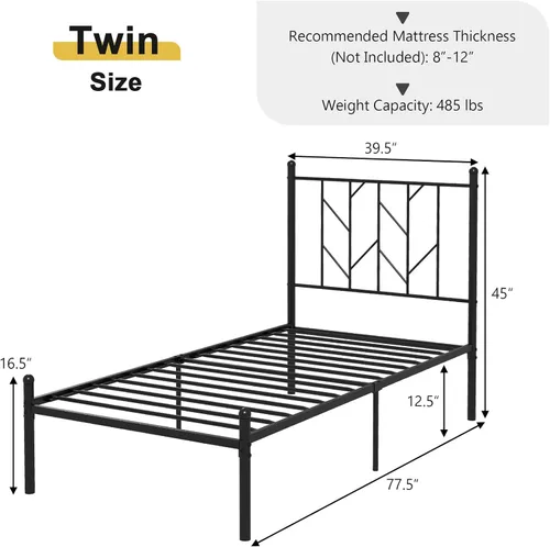 Miniatura 2 de Giantex Base de cama de metal negro individual con cabecera de estilo victoriano, marco de cama de plataforma de 12.5 pulgadas con soporte de 14