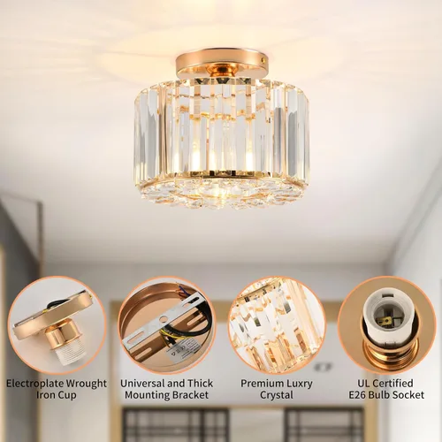 Miniatura 3 de Lámpara de techo de cristal, lámpara de techo semiempotrada de cristal dorado para dormitorio, cocina, pasillo, entrada, balcón, comedor, sala