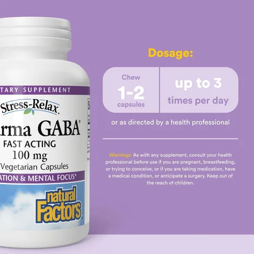 Miniatura 3 de Natural Factors 60 cápsulas vegetarianas de suplemento dietario para relajación antiestrés Pharma GABA de 100 mg, promueve la tranquilidad mental