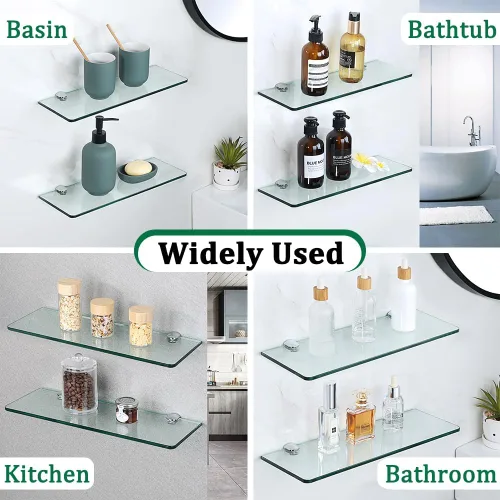 Miniatura 8 de SAYAYO Estantes flotantes de vidrio para baño, estante de vidrio templado cromado de 15 x 5 pulgadas para pared, 1 paquete, transparente