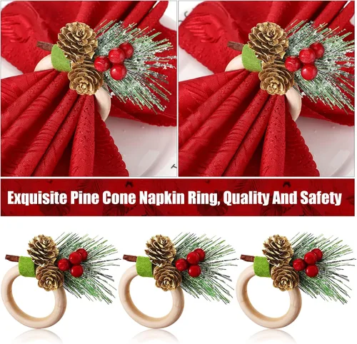 Miniatura 2 de Geiserailie - 12 servilleteros de Navidad, conos de pino, flor de pascua, calabaza, servilleteros de madera, decoración para Navidad, Acción