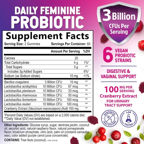 Miniatura 2 de Nature's Nutrition Gomitas probióticas para mujeres con arándano, 6 cepas premium para el equilibrio del PH, salud digestiva, apoyo vaginal e