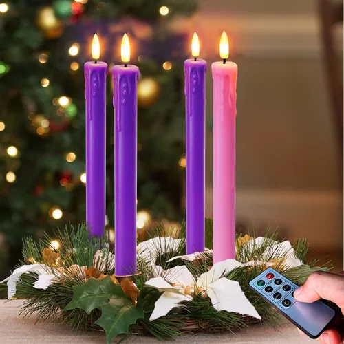 Miniatura 7 de Juego de 4 Luces de Velas LED de Navidad, Velas Cónicas que Funcionan con Batería para Corona de Adviento, 3 Moradas 1 Rosa Velas de Cera Sin Llama