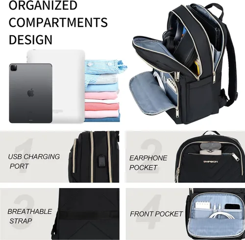 Miniatura 4 de EMPSIGN Mochila Bolso para Laptop para Mujeres y Hombres con Puerto de Carga USB, Mochila de Viaje Resistente al Agua Acolchada de 15.6 Pulgadas