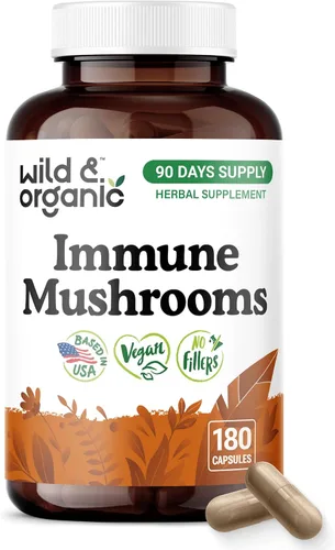 Wild & Organic Cápsulas de mezcla de hongos inmunes – 8 suplementos de complejo de hongos para apoyo inmunológico con cola de pavo, polvo de chaga y