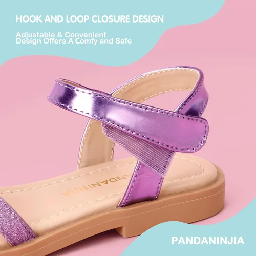 Miniatura 5 de PANDANINJIA Sandalias para niñas, puntera abierta, bonitos zapatos planos de princesa para niñas, zapatos de vestir brillantes de verano para bebés