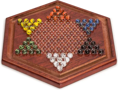Miniatura 5 de Yellow Mountain Imports Juego de mesa Halma de damas chinas de madera, 13.6 pulgadas, con 60 canicas de vidrio estilo pétalos de colores (0.630 in)