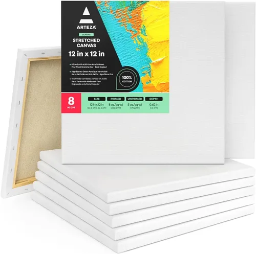 Miniatura 20 de ARTEZA Lienzo estirado, 8 x 8 pulgadas, paquete de 12, lienzo cuadrado blanco en blanco para pintura para pinturas acrílicas, al óleo y gouache