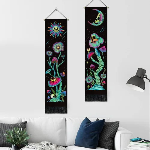 Miniatura 4 de Paquete de 2 tapices verticales de luz negra, sol y luna, calavera de hongos, fantasía, floral, fondo espacial de galaxia, para colgar en la pared