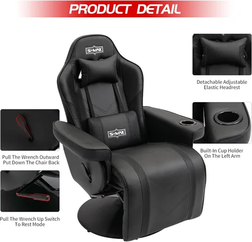 Miniatura 5 de S*MAX Silla reclinable para juegos para adultos, estilo carreras, ergonómica, con respaldo alto, giratoria, de piel sintética, con respaldo Negro