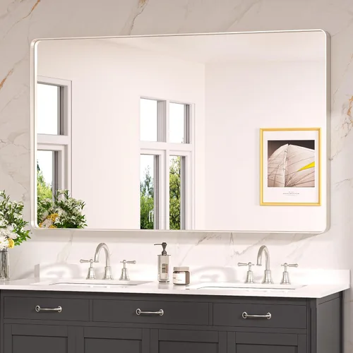 Miniatura 47 de Keonjinn Espejos de baño negros para sobre el fregadero, espejos cuadrados grandes de 36 x 36 pulgadas para pared, espejo rectangular redondeado