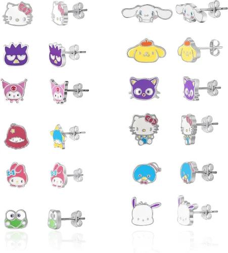 Sanrio - Aretes tipo dormilona para niñas, paquete de 12 pares, licencia oficial de Hello Kitty and Friends, aretes para uso diario, Disfraz, No es