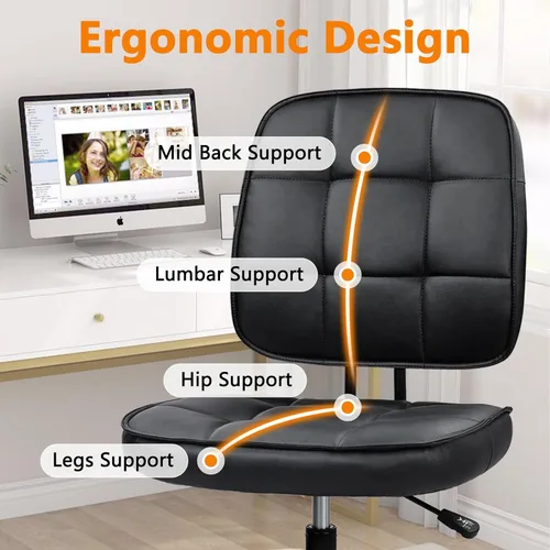 Miniatura 7 de CLATINA Silla de oficina en casa, sin brazos, con ruedas, ergonómica, de cuero, con respaldo bajo, altura ajustable, giratoria de 360°, silla