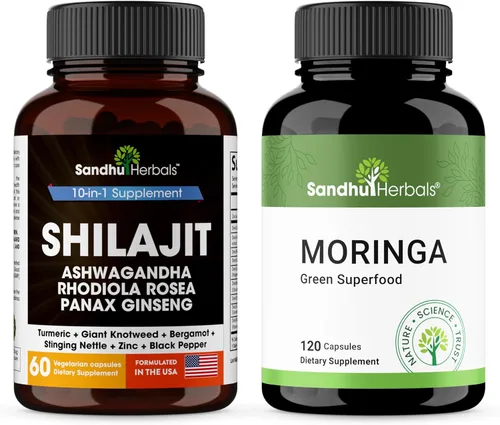 SANDHUHERBALS Paquete Shilajit con Moringa | Cápsulas para hombres y mujeres | Apoya la energía, el sistema inmunológico, la piel y la salud