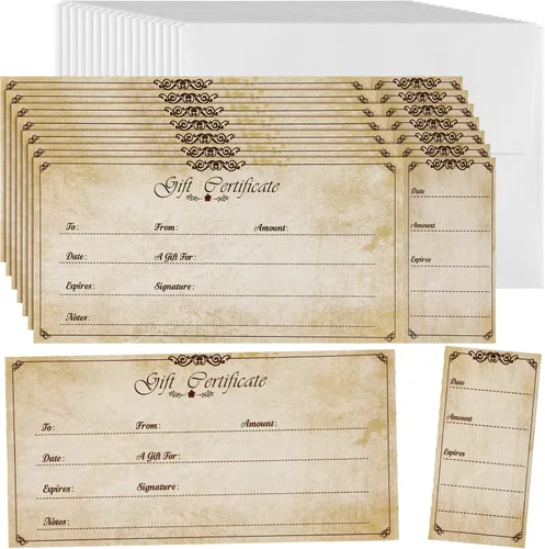 Sinmoe 50 juegos de certificados de regalo para negocios con 50 sobres en blanco, tarjetas de certificado de regalo con nombre y dirección rústicas